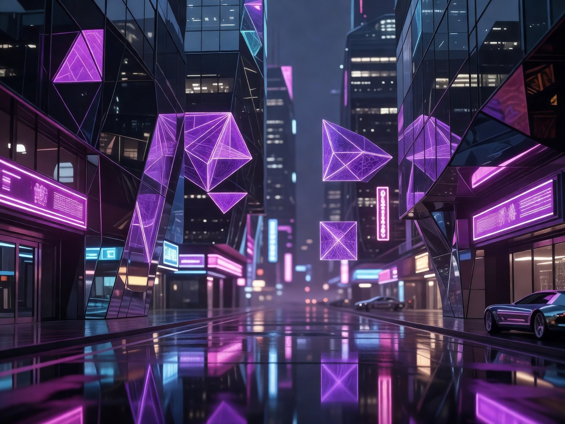 Cyberpunk inspired neon glass reflections and purple geometry