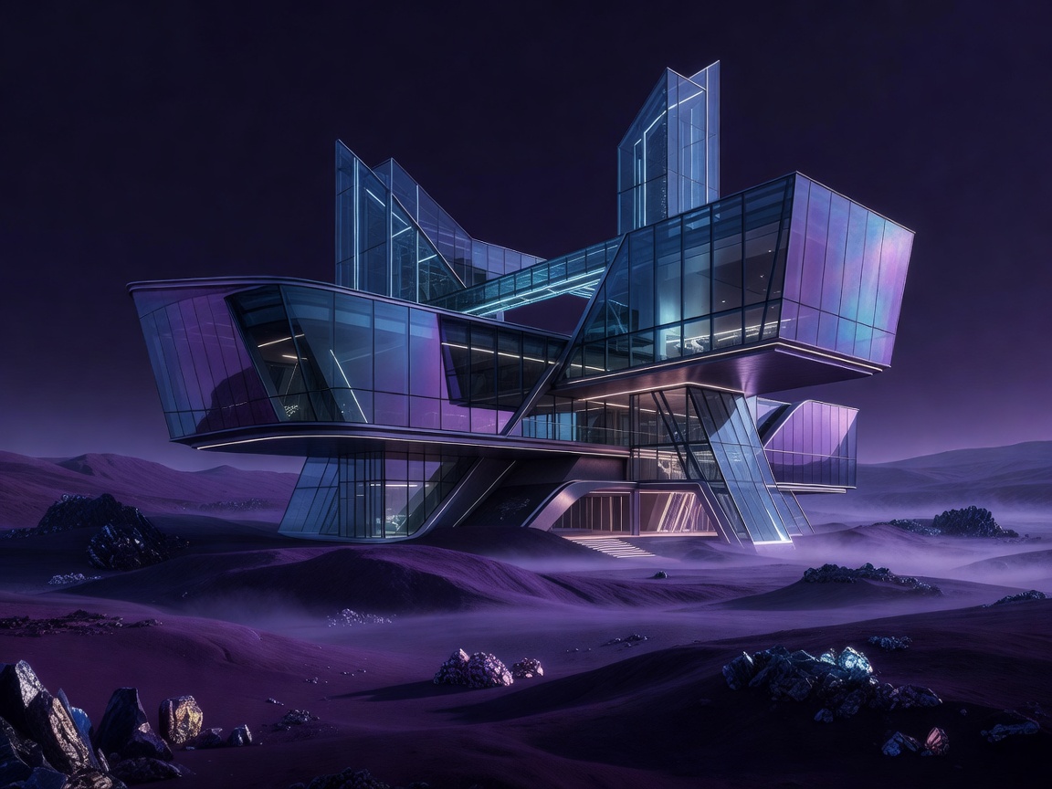 Futuristic modern glass architecture in dark purple landscape