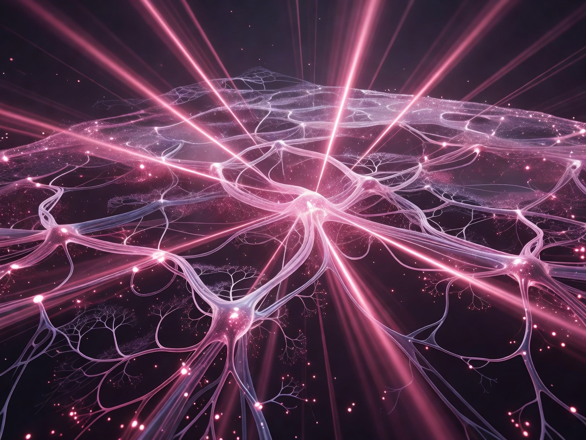 Generative neural network abstraction visualization featuring pink light rays