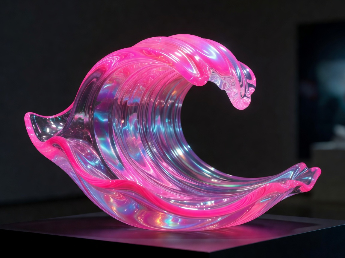 Iridescent glass neon pink wave fluid sculpture