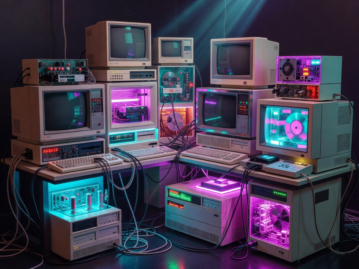 Retro futuristic computer hardware illuminating neon ambient glow